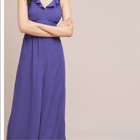 Maeve Anthropologie Ruffle Jumpsuit Blue Polka Dot Cropped Wide Leg Sz 0 Prairie - Picture 3 of 13